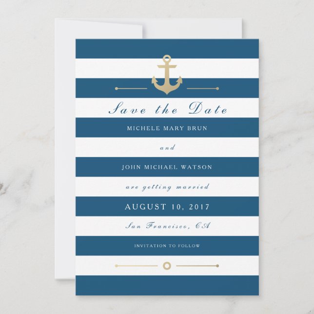 Blue White Nautical Save The Date Flat Photo Card (Front)