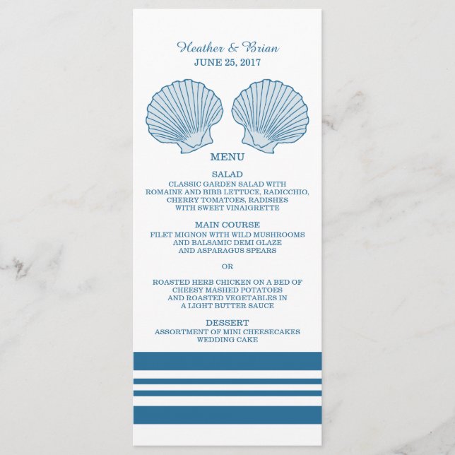 Blue White Nautical Seashells Wedding Menu (Front)