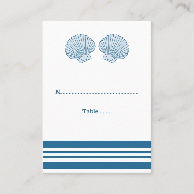 Blue White Nautical Seashells Wedding Place Cards (Front)