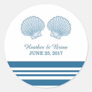Blue White Nautical Seashells Wedding Stickers