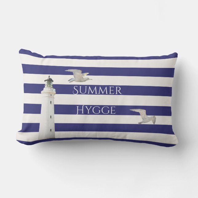 Blue white nautical stripes lighthouse gulls lumbar cushion (Front)