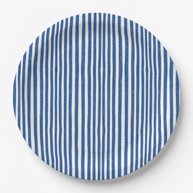 Blue & White Nautical stripes  Paper Plate (Front)