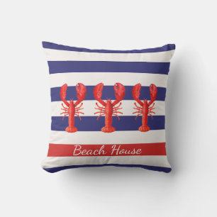 Blue white nautical stripes red lobsters outdoor cushion