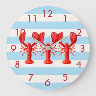 Blue white nautical stripes with lobster decor large clock
