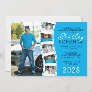 Blue, White & Navy Filmstrip 6 Photo Graduation Invitation