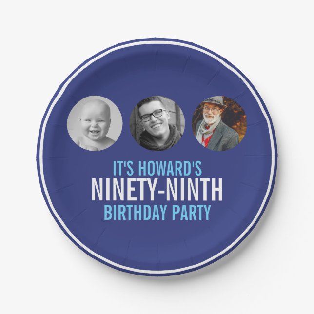 Blue white ninety-ninth 99th birthday party  paper plate (Front)