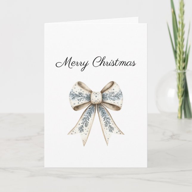 Blue White Nordic Cream Bow Christmas Card (Front)