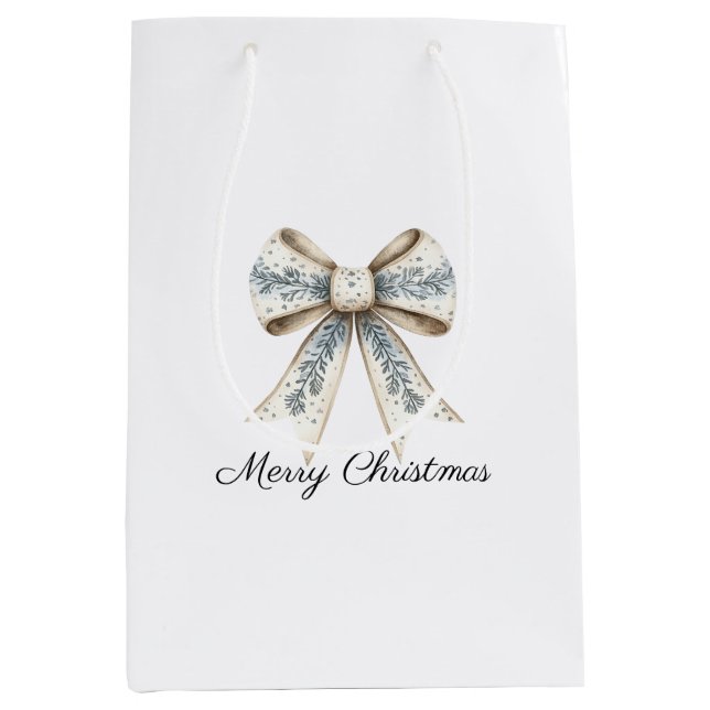 Blue White Nordic Cream Bow Christmas Medium Gift Bag (Front)