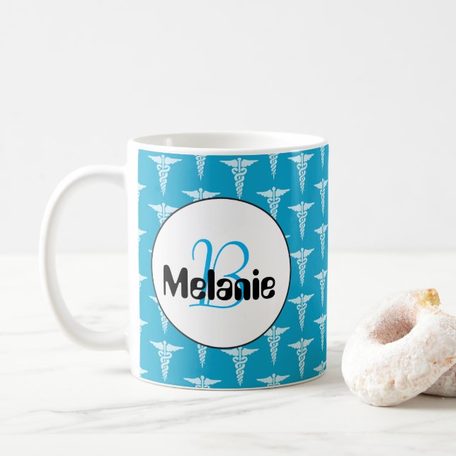 Blue white nurse pattern monogram add name mug (With Donut)