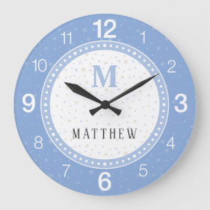 Blue & White Nursery Decor. Baby Boy Monogram Large Clock