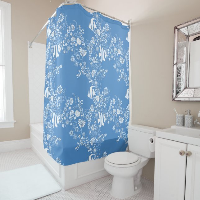 Blue White Ocean Life Pattern Shower Curtain (In Situ)