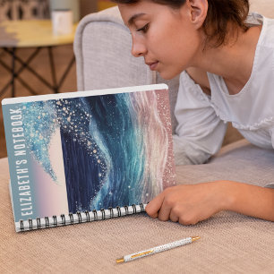  Blue White Ocean Wave Custom Name Funny Spiral Notebook