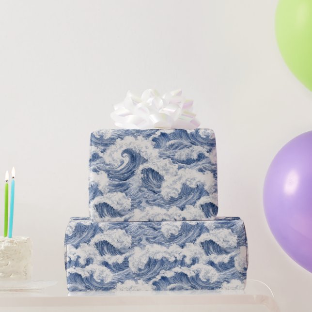 Blue White Ocean Waves Birthday Wrapping Paper (Party Gifts)