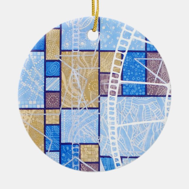 Blue white ochre abstract pattern, stars & squares ceramic tree decoration (Front)