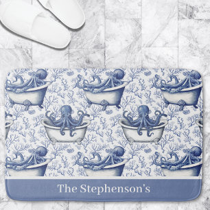 Blue White Octopus in Bath Vintage Pattern  Mat