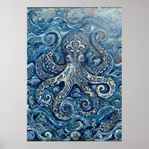 Blue White Octopus Ocean Poster