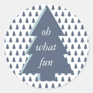 Blue White Oh What Fun Christmas Tree Pattern Classic Round Sticker