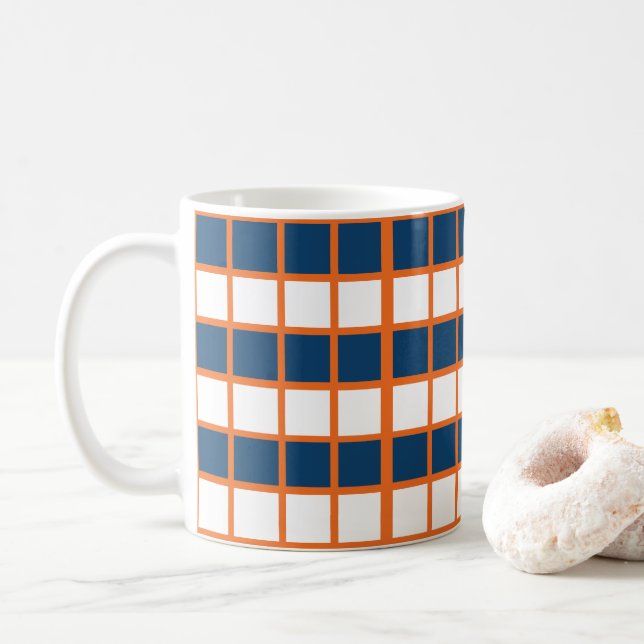 Blue White Orange Checks Chequered Coffee Mug (With Donut)