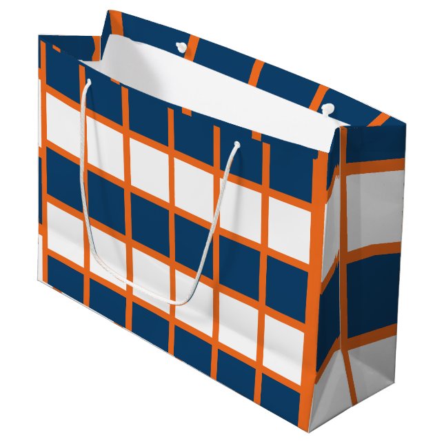 Blue White Orange Checks Chequered Large Gift Bag (Front Angled)