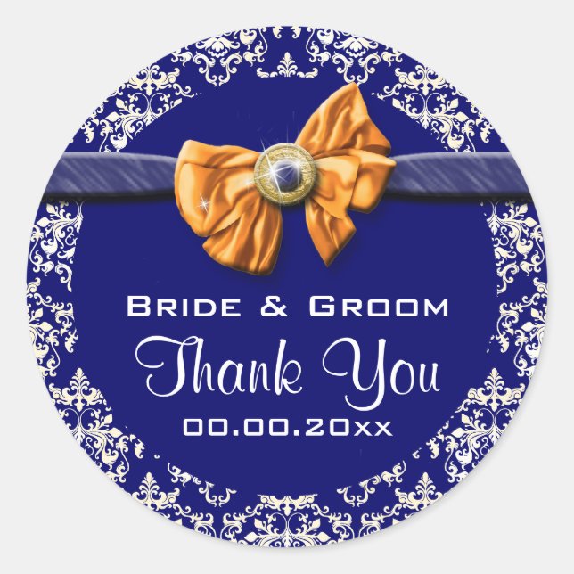 Blue white orange damask elegant classic round sticker (Front)