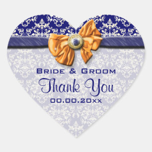 Blue white orange damask elegant heart sticker