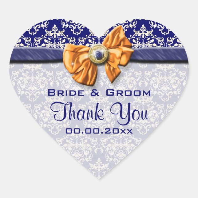 Blue white orange damask elegant heart sticker (Front)