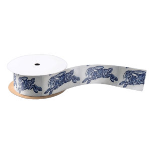Blue & White Oriental Rabbit Designer Ribbon Spool Satin Ribbon