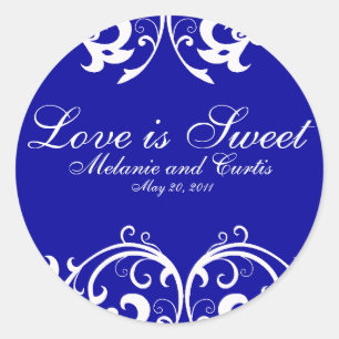 Blue White Ornate Love Is Sweet Classic Round Sticker
