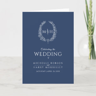 Blue white oval leaf monogram art wedding program programme