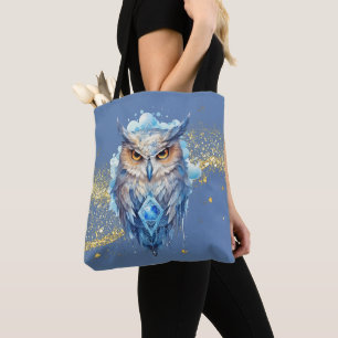 Blue & White Owl Gold Glitter Blue Halloween Tote Bag