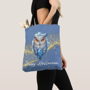 Blue & White Owl Gold Glitter Blue Halloween Tote Bag
