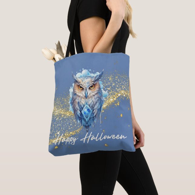 Blue & White Owl Gold Glitter Blue Halloween Tote Bag (Close Up)