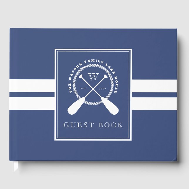 Blue White Paddles Lake House Monogram Guest Book (Front)