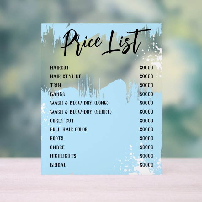 Blue White Paint Spatter Chic Salon Price List Acrylic Sign (Neutral)
