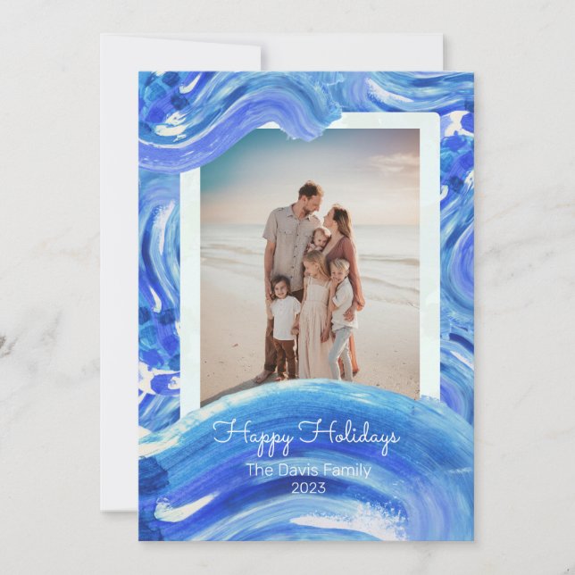 Blue White Painterly Wave Christmas Family Photo Holiday Card (Front)