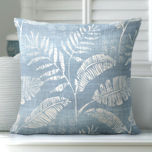 Blue & White Palm Leaf Throw Pillow