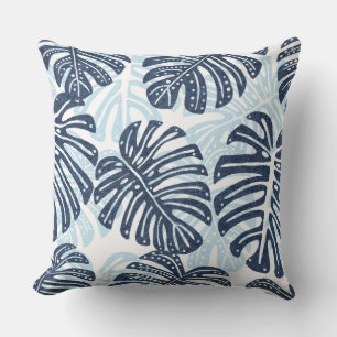Blue & White Palm Leaf Throw Pillow