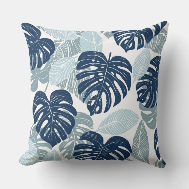 Blue White Palm Leaves Throw Pillow (Front)