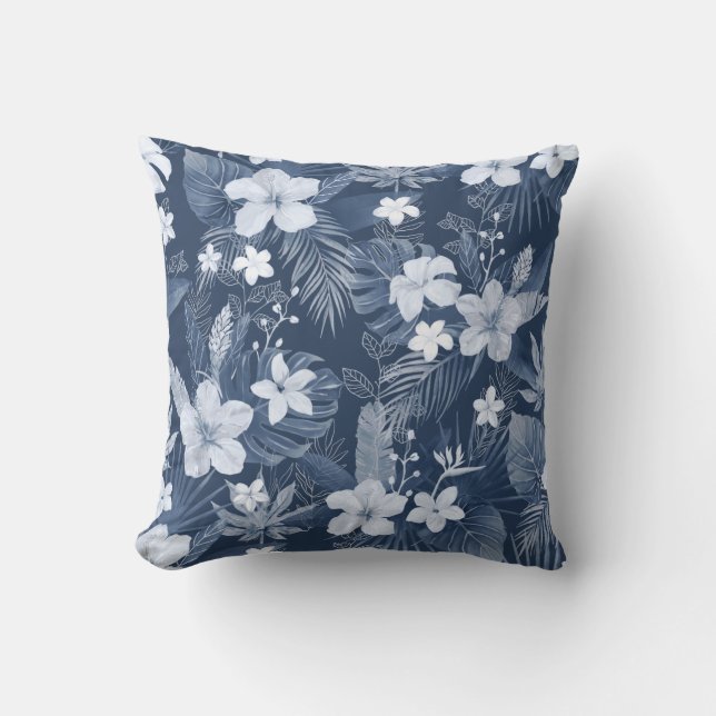  Blue White Palm Leaves Tropical Flowers Cushion (Front)