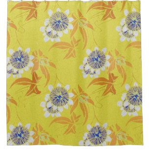 BLUE WHITE PASSION FLOWERS,ORANGE LEAVES IN YELLOW SHOWER CURTAIN