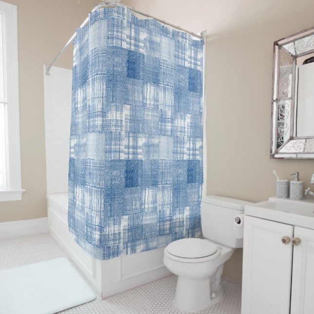 Blue White Patchwork Quilt Pattern Texture Shower Curtain (In Situ)