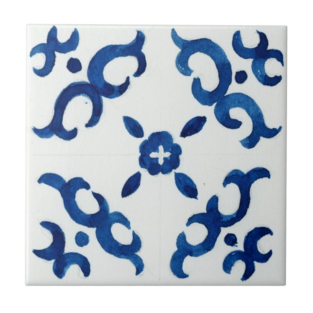 Blue & White Pattern Mediterranean Watercolor Tile (Front)