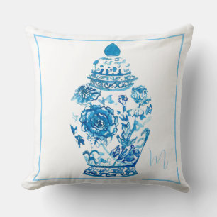 Blue White Pattern Monogrammed Elegant Ginger Jar Cushion