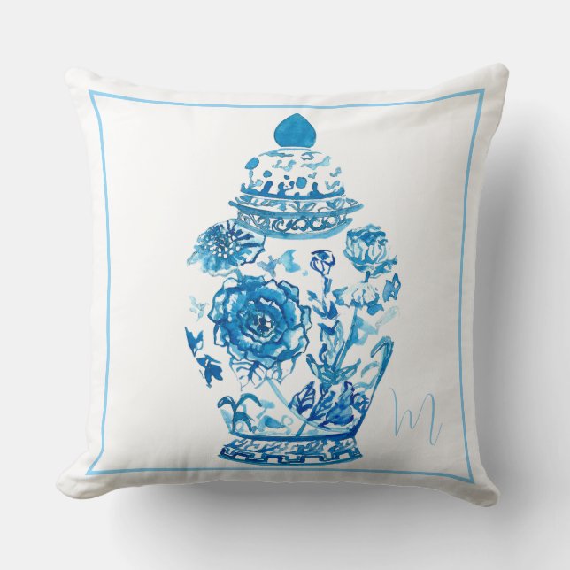 Blue White Pattern Monogrammed Elegant Ginger Jar  Cushion (Front)