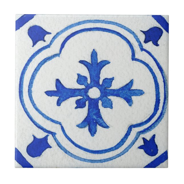 Blue White Patterned Mediterranean Watercolor Tile (Front)