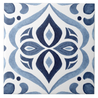 Blue & White Patterned Watercolor Mediterranean Tile