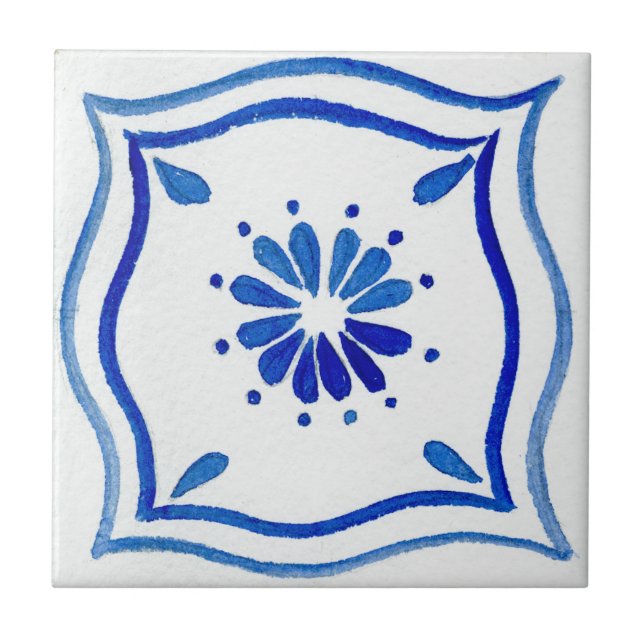 Blue & White Patterned Watercolor Mediterranean Tile (Front)