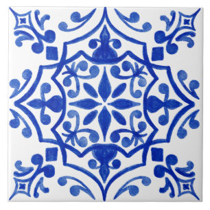 Blue & White Patterned Watercolor Mediterranean Tile