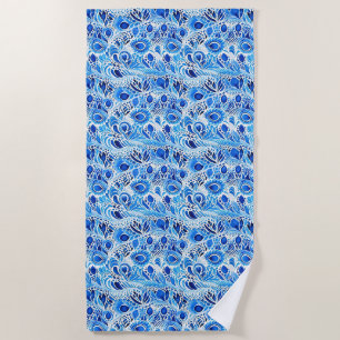 Blue White Peacock Feathers Beach Towel