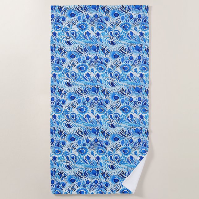 Blue White Peacock Feathers   Beach Towel (Front)